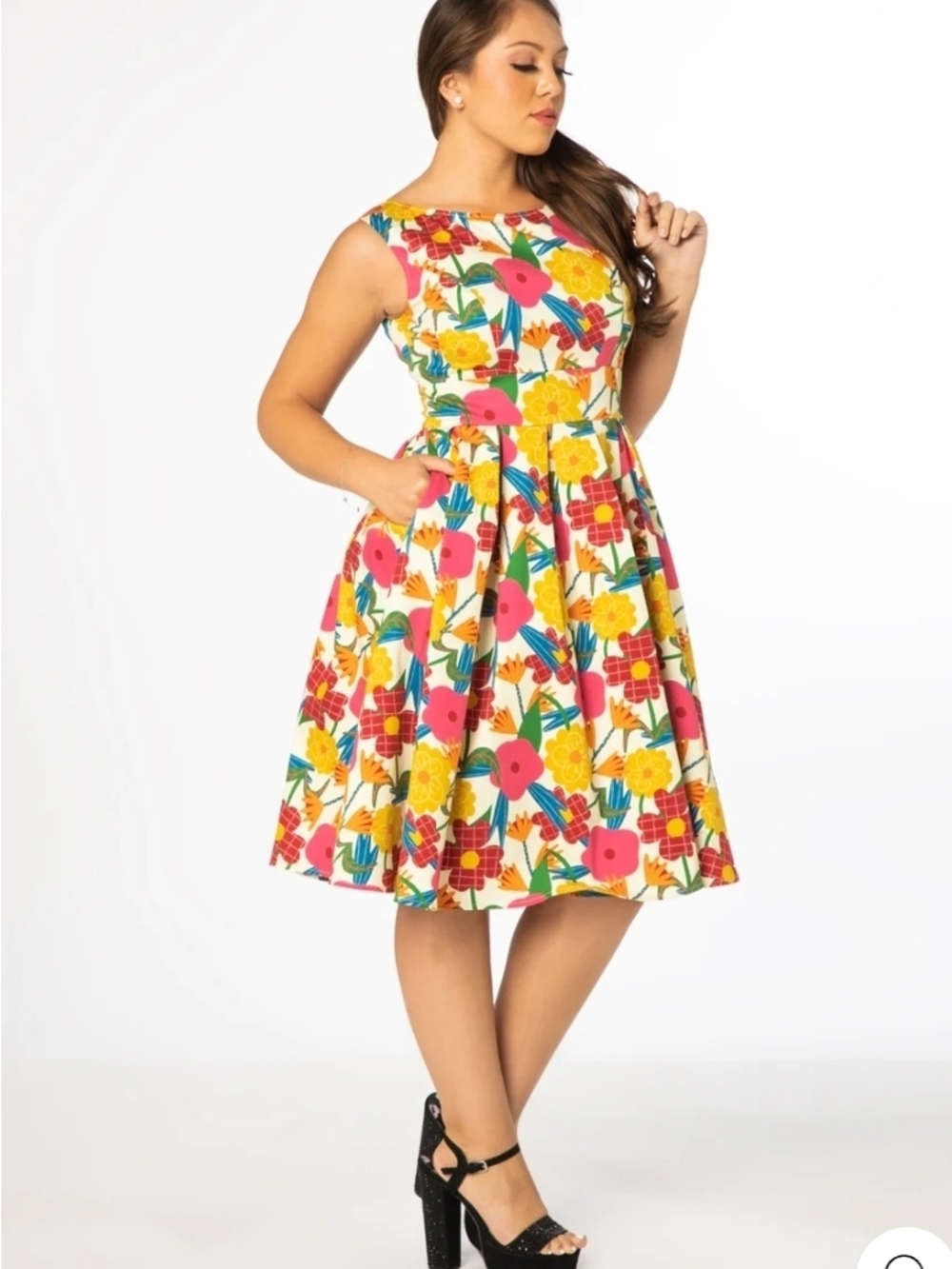 Miss Lulo Sleeveless Floral Midi Dress in Yellow and Pink - Size 1X
